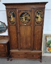 EARLY 20TH CENTURY OAK CHINOISERIE WARDROBE WITH SINGLE PANEL DOOR WITH BLACK & GILT LACQUER