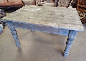 19TH CENTURY PINE KITCHEN TABLE WITH SINGLE DRAWER TO END ON TURNED SUPPORTS