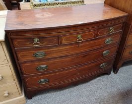 19TH CENTURY MAHOGANY BOW FRONT CHEST WITH 3 SHORT DRAWERS OVER 3 LONG DRAWERS & DECORATIVE BOXWOOD