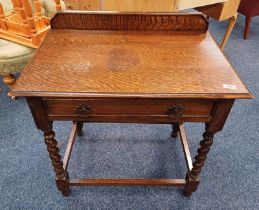 OAK SIDE TABLE WITH RAIL BACK OVER SINGLE DRAWER ON BARLEY TWIST SUPPORTS,