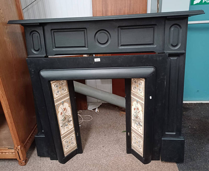 CAST METAL FIRE PLACE WITH DECORATIVE TILE INSETS & PAINTED FIRE SURROUND,