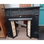 CAST METAL FIRE PLACE WITH DECORATIVE TILE INSETS & PAINTED FIRE SURROUND,
