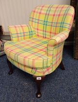MAHOGANY FRAMED OVERSTUFFED ARMCHAIR WITH YELLOW & PINK PLAID PATTERN ON QUEEN ANNE SUPPORTS