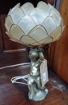 BRASS TABLE LAMP MODELLED AFTER CHERUB WITH DECORATIVE LOTUS SHADE