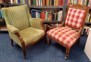 MAHOGANY FRAMED ARMCHAIR ON REEDED SQUARE TAPERED SUPPORTS & OAK LADIES CHAIR ON TURNED SUPPORTS