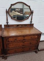 EARLY 20TH CENTURY OAK CHINOISERIE DRESSING CHEST WITH SWING MIRROR OVER 3 DRAWERS.