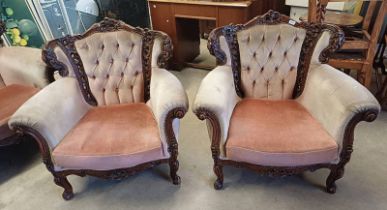 PAIR CONTINENTAL MAHOGANY FRAMED BUTTON BACK ARMCHAIRS ON CABRIOLE SUPPORTS