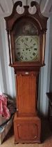 19TH CENTURY OAK CASED GRANDFATHER CLOCK WITH PAINTED DIAL WITH CLASSICAL SCENE,