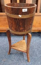 OAK BARREL PLANTER WITH BRASS BANDING LABELLED R A LISTER & CO.