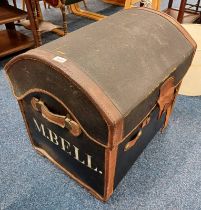 LEATHER AND CANVAS DOME TOPPED TRUNK BY CHARLES MAUD,