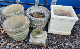 PAIR OF RECONSTITUTED STONE GARDEN PLANTERS WITH EMBOSSED DECORATION & 2 OTHER PLANTERS