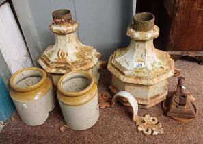 PAIR OF CAST IRON LAMP BASES, PAIR OF STONEWARE POTS (AF),