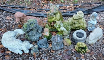 GOOD SELECTION OF CONCRETE GARDEN FIGURES TO INCLUDE FOX CUB & MOTHER, 2 DOGS,