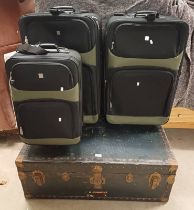 SET OF 3 SUITCASES & STORAGE TRUNK WITH METAL FIXTURES