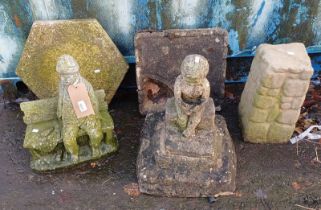 CONCRETE FIGURE OF MAN ON BENCH, 2 CONCRETE PLINTHS,