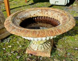 DECORATIVE CAST IRON GARDEN URN ON PLINTH BASE Condition Report: The paint is