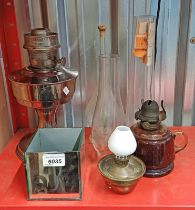 3 PARAFFIN LAMPS WITH GLASS SHADES,