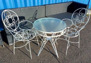 METAL CIRCULAR GARDEN TABLE WITH GLASS INSET TOP & PAIR OF DECORATIVE ARMCHAIRS,