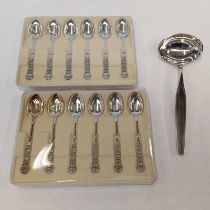 2 CASED SETS OF 6 NORWEGIAN SILVER COFFEE SPOONS IN SLEKTSOLV BOXES & NORWEGIAN SILVER CREAM LADLE