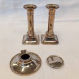 PAIR OF SILVER CANDLESTICKS ON SQUARE BASES & SILVER INKWELL - LID DETACHED