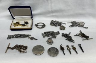 SELECTION OF VARIOUS SILVER WATCH CHAINS, GILT WATCH CHAIN, WATCH KEYS,