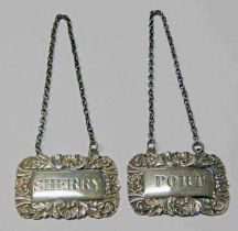 PAIR OF VICTORIAN BOTTLE LABELS: PORT & SHERRY BY TAYLOR & PERRY BIRMINGHAM 1841