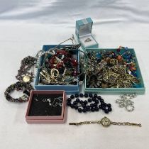 SELECTION OF VARIOUS COSTUME JEWELLERY INCLUDING NECKLACES, RING, WATCHES ETC.