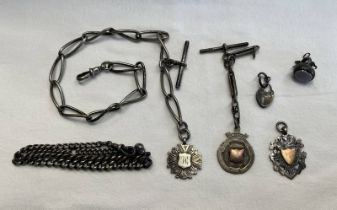 VARIOUS SILVER WATCH CHAINS, SILVER FOBS,