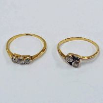 18CT GOLD 3 - STONE DIAMOND SET RING & 18CT GOLD 2 - STONE TWIST DIAMOND RING - 3.