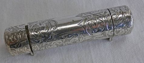 VICTORIAN SILVER FOLIATE ENGRAVED DOUBLE ENDED SCENT BOTTLE WITH PIERCED GRILLE & GLASS TOPPED,