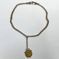 9CT GOLD WATCH CHAIN WITH 1911 SOVEREIGN PENDANT WITH BASE METAL HOOKS - 27.