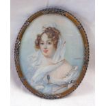 19TH CENTURY GILT FRAMED PORTRAIT MINIATURE OF A LADY IN A WHITE DRESS SIGNED J ISABEY - 9 X 7.