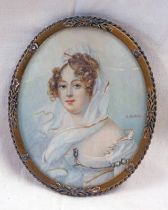 19TH CENTURY GILT FRAMED PORTRAIT MINIATURE OF A LADY IN A WHITE DRESS SIGNED J ISABEY - 9 X 7.