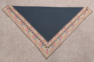 BLACK PAISLEY SHAWL WITH SEWN WORK DECORATION AROUND EDGES,