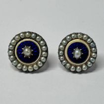 PAIR OF 19TH CENTURY GOLD HALF PEARL & BLUE ENAMEL EARSTUDS