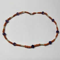CORAL, AMETHYST BEAD & SEED PEARL NECKLACE ON A 9K GOLD CLASP - 44CM LONG, 15.