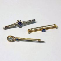 9CT GOLD PEARL & GARNET SET BROOCH, CABOCHON SAPPHIRE & AQUAMARINE BROOCH AND ONE OTHER - 7.