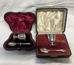 2 CASED SILVER EGG CUP & SPOON SETS - 90G WEIGHABLE SILVER