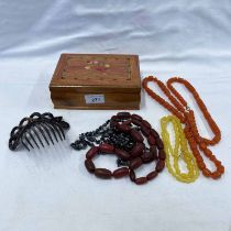 WOODEN JEWELLERY BOX & CONTENTS OF BEAD NECKLACES, HAIR TIDY,