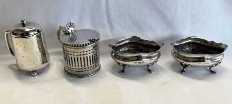 PAIR OF OVAL SILVER SALTS & 2 SILVER MUSTARD POTS - NO LINERS,