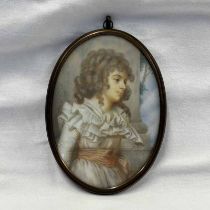 19TH CENTURY GILT OVAL FRAMED MINIATURE OF A YOUNG LADY IN A WHITE DRESS & PEACH SASH - 13.5 X 9.