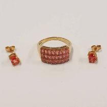 9CT GOLD PINK GEM SET RING & PAIR OF GEM SET EARSTUDS - 5.