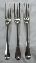 3 GEORGE II SILVER TABLE FORKS LONDON CIRCA 1730 - 195G