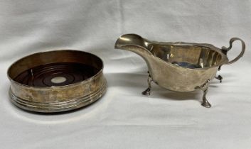 MODERN SILVER WINE SLIDE WITH TURNED WOODEN BASE & SILVER SAUCE BOAT