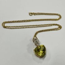 9CT GOLD HEART SHAPED PERIDOT & DIAMOND SET PENDANT ON CHAIN