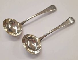 PAIR OF GEORGE IV SILVER OLD ENGLISH PATTERN SAUCE LADLES BY WILLIAM CHAWNER,