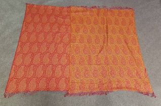 PAIR OF RED & YELLOW SHAWLS, WITH LEAF & FLORAL PATTERN THROUGHOUT, & FRINGED EDGES,