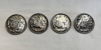 SET OF 4 LARGE SILVER COAT BUTTONS DECORATED WITH SAILING SHIPS WITH 35G IMPORT MARKS LONDON 1894 -
