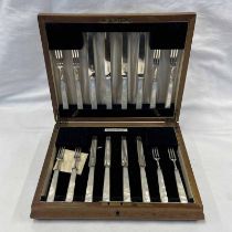 OAK CASED SET OF SILVER & DESSERT KNIVES & FORKS WITH MOTHER OF PEARL HANDLES BY COOPER BROTHERS &