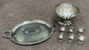 LARGE SILVER PLATED 2-HANDLED TRAY, SILVER PLATED PUNCH BOWL,